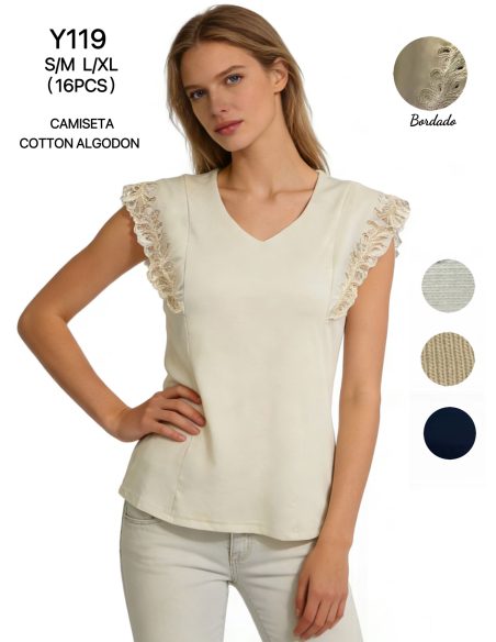 Baumwoll-T-Shirt mit V-Ausschnitt und bestickter Spitze