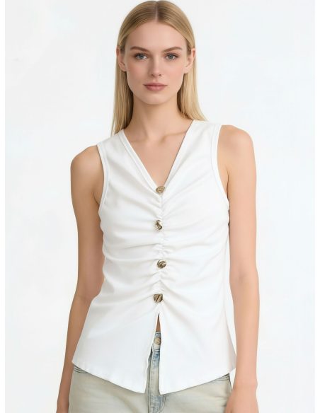 Top in cotone con arricciature e bottoni decorativi