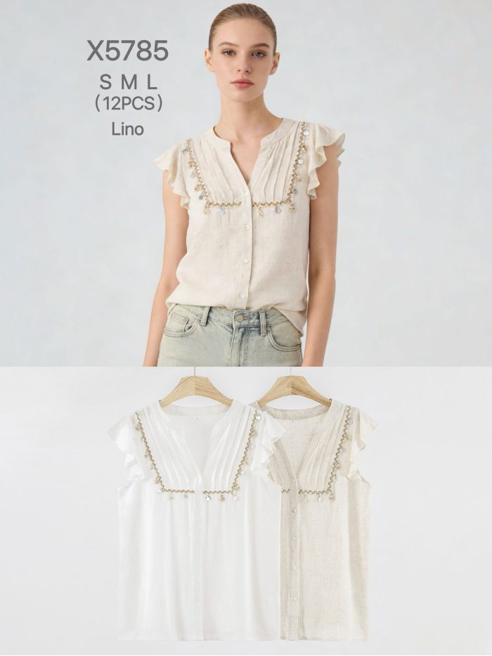 Blusa lino volantes y detalle decorativo