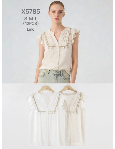 Blusa lino volantes y detalle decorativo