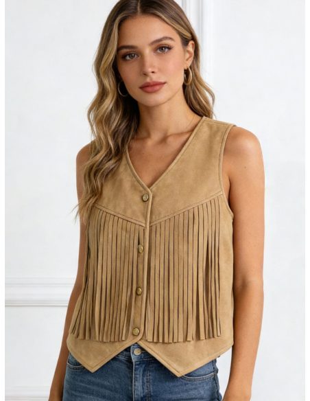 Suede-effect fringed waistcoat