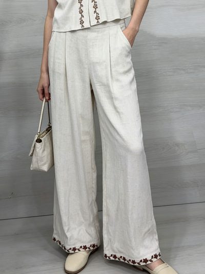 Pantalón lino wide leg bordado