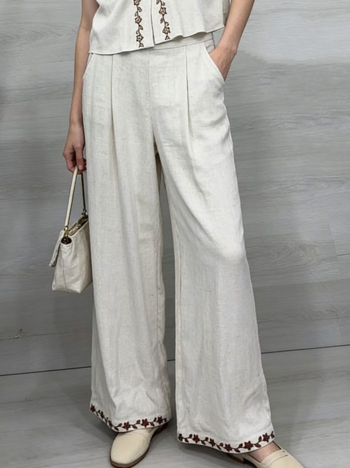 Pantalón lino wide leg bordado
