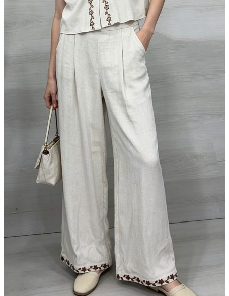 Pantalón lino wide leg bordado