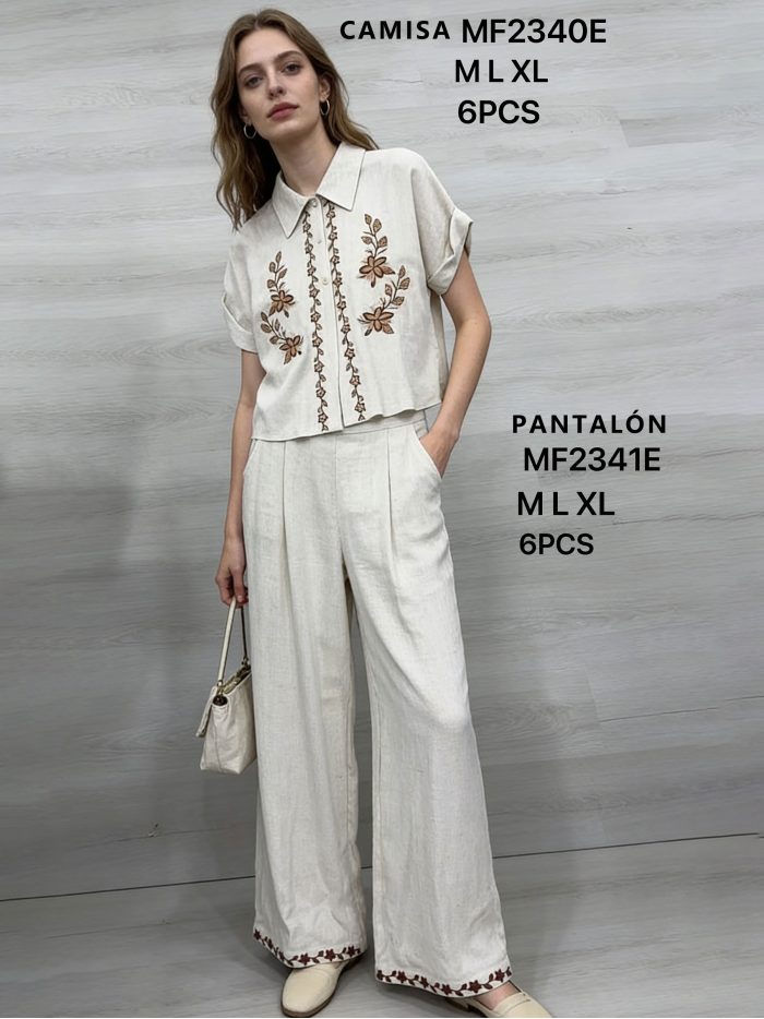 Pantalón lino wide leg bordado