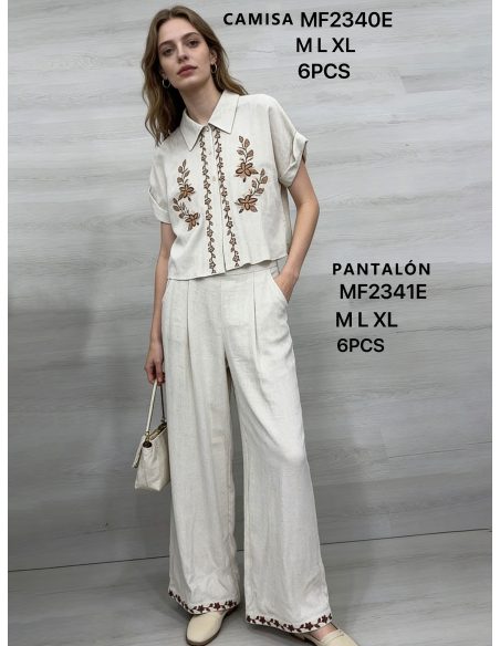 Pantalón lino wide leg bordado
