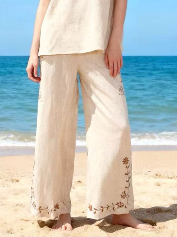 Pantalón lino wide leg bordado floral
