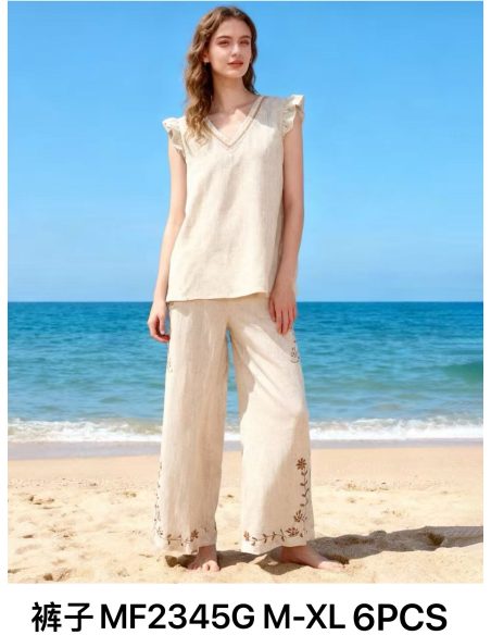 Pantalón lino wide leg bordado floral