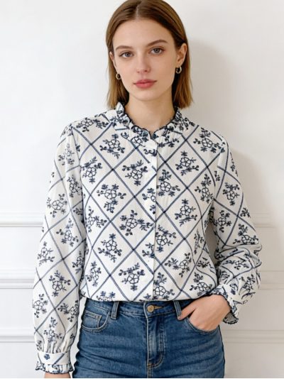 Blusa cuello fruncido estampado rombos