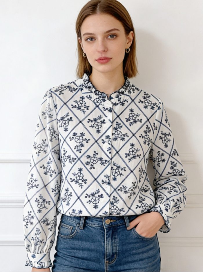 Blusa cuello fruncido estampado rombos