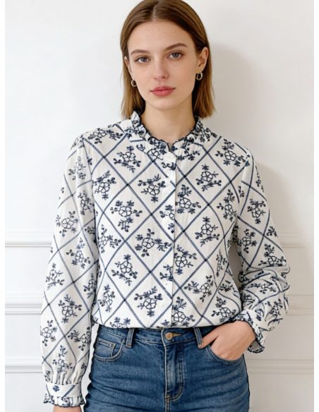 Blusa cuello fruncido estampado rombos