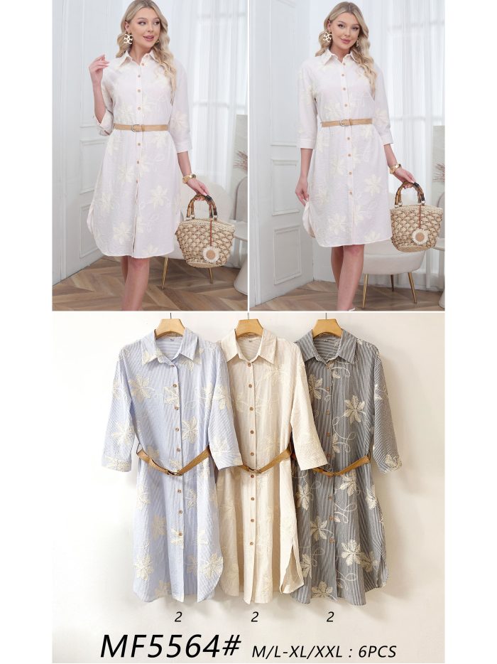 Embroidered floral shirt dress with belt