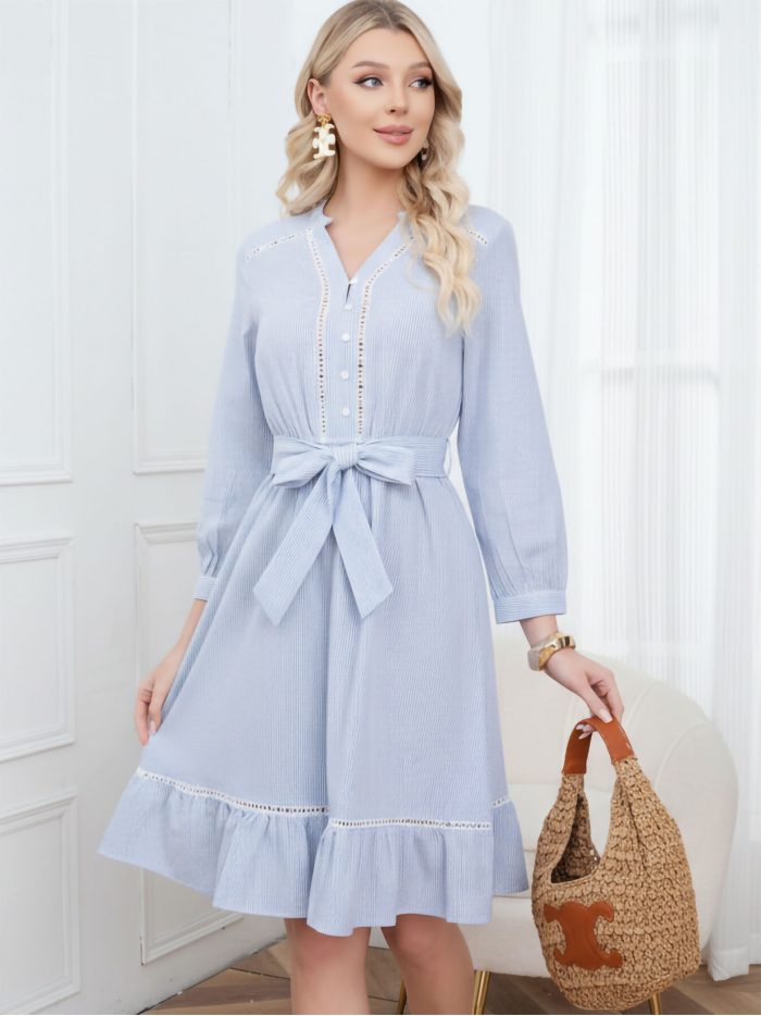 Striped midi dress with tie belt and ruffle hem