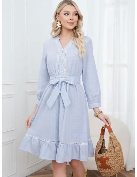 Striped midi dress with tie belt and ruffle hem