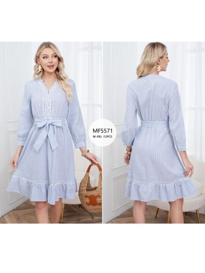 Vestido midi de rayas con lazada y volante 2