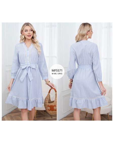 Striped midi dress with tie belt and ruffle hem