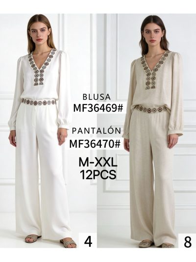 Pantalón efecto lino cenefa bordada 2