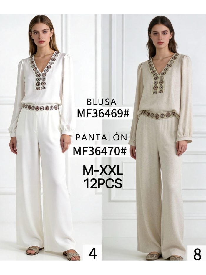 Pantalón efecto lino cenefa bordada