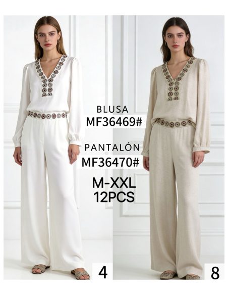 Pantalón efecto lino cenefa bordada