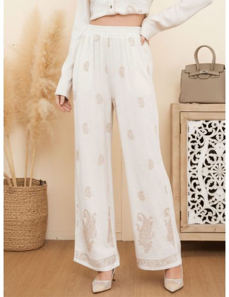 Pantalón recto lino bordado paisley