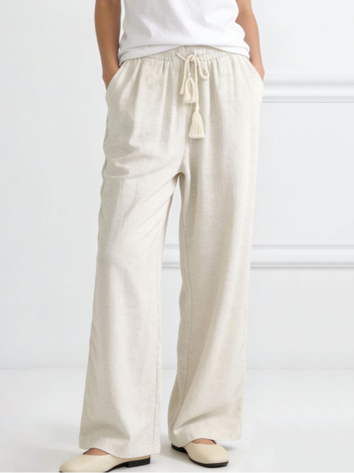 Pantalón recto lino con borlas