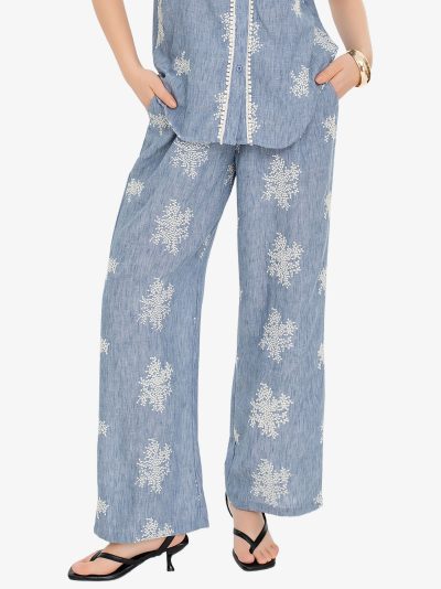 Pantalón palazzo azul bordado efecto lino