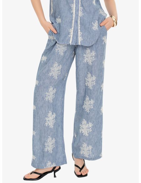 Pantaloni palazzo blu con ricami effetto lino