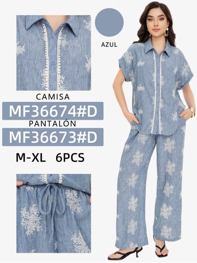 Pantalón palazzo azul bordado efecto lino 2