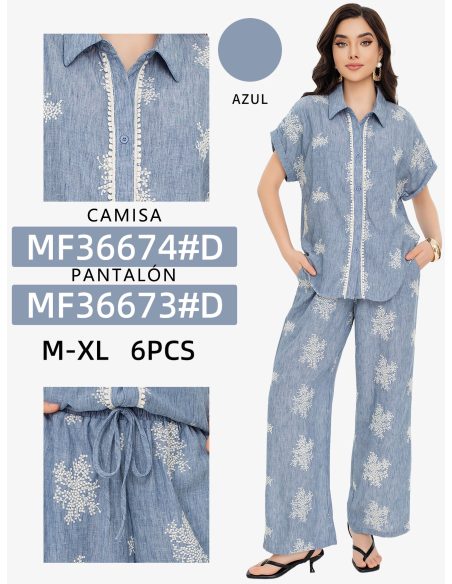 Pantaloni palazzo blu con ricami effetto lino