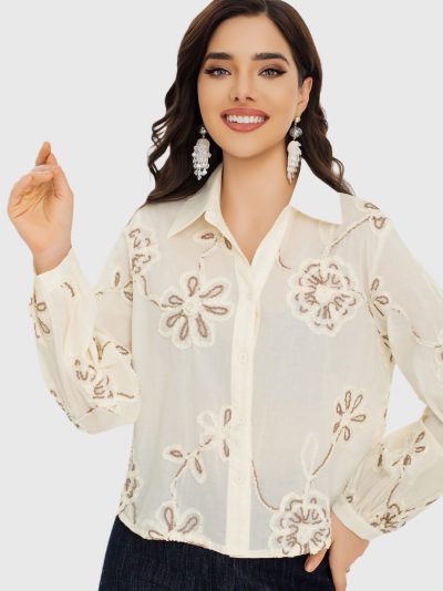 Camisa algodón con apliques florales 3d