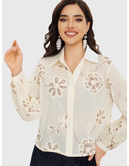 Camisa algodón con apliques florales 3d