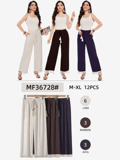 Pantalón recto lino con puntilla y flecos 2