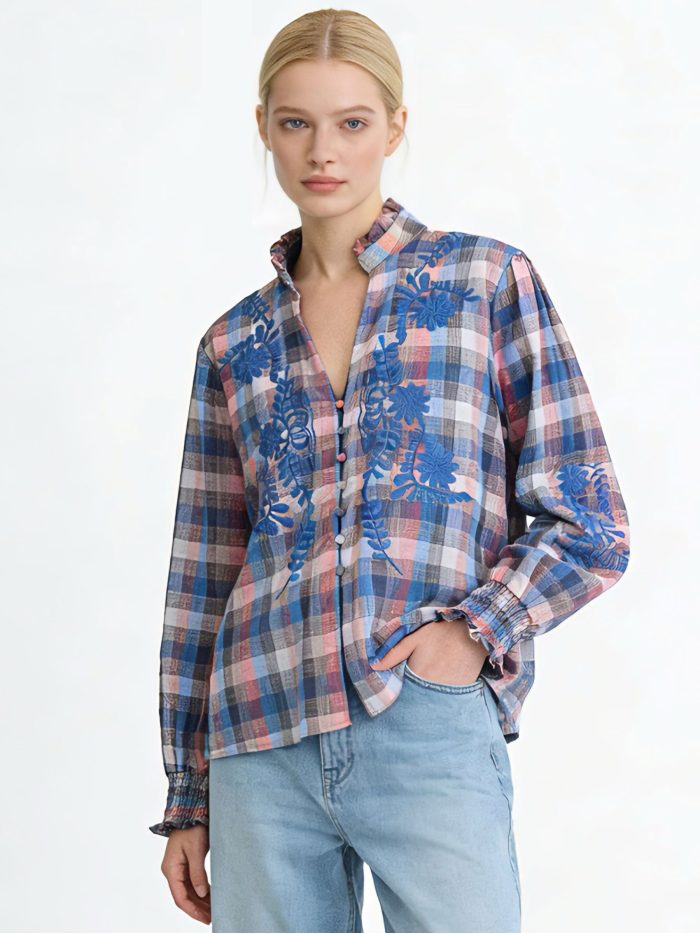 Camisa cuadros bordada flores