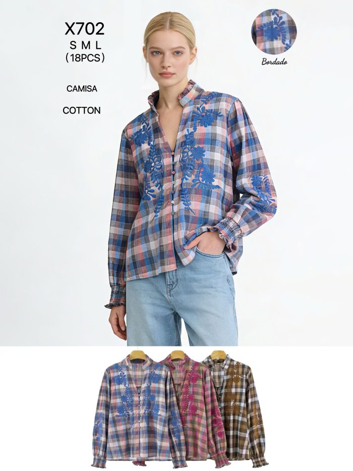 Camisa cuadros bordada flores