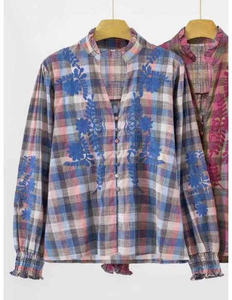 Camisa cuadros bordada flores