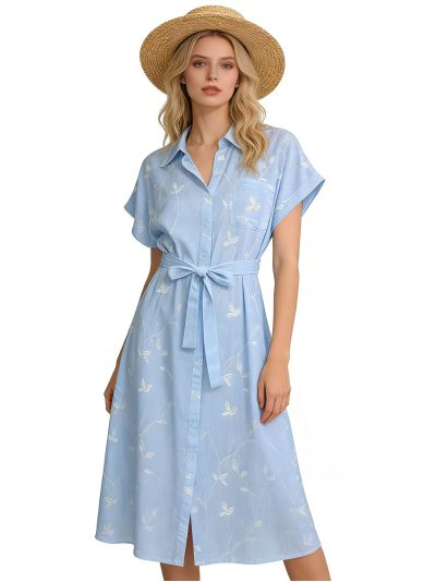 Vestido camisero bordado hojas cinturón