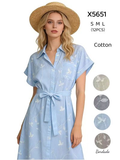 Vestido camisero bordado hojas cinturón 2