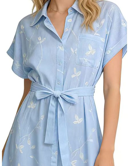 Hemdblusenkleid mit Blattstickerei und Gürtel