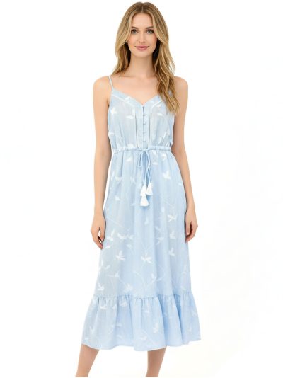 Vestido midi tirantes bordado hojas borlas