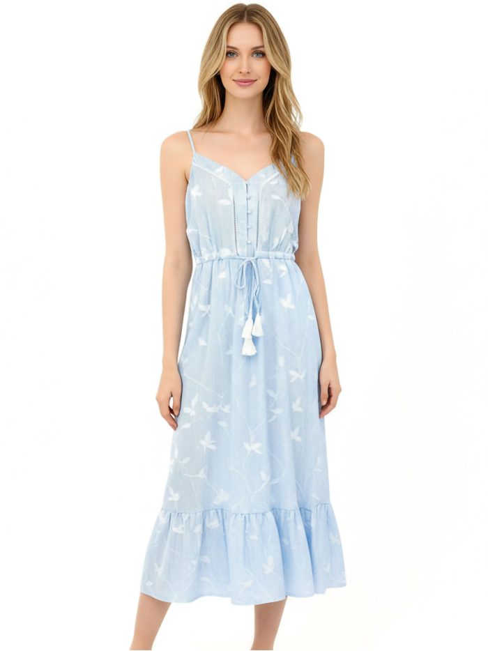 Vestido midi tirantes bordado hojas borlas