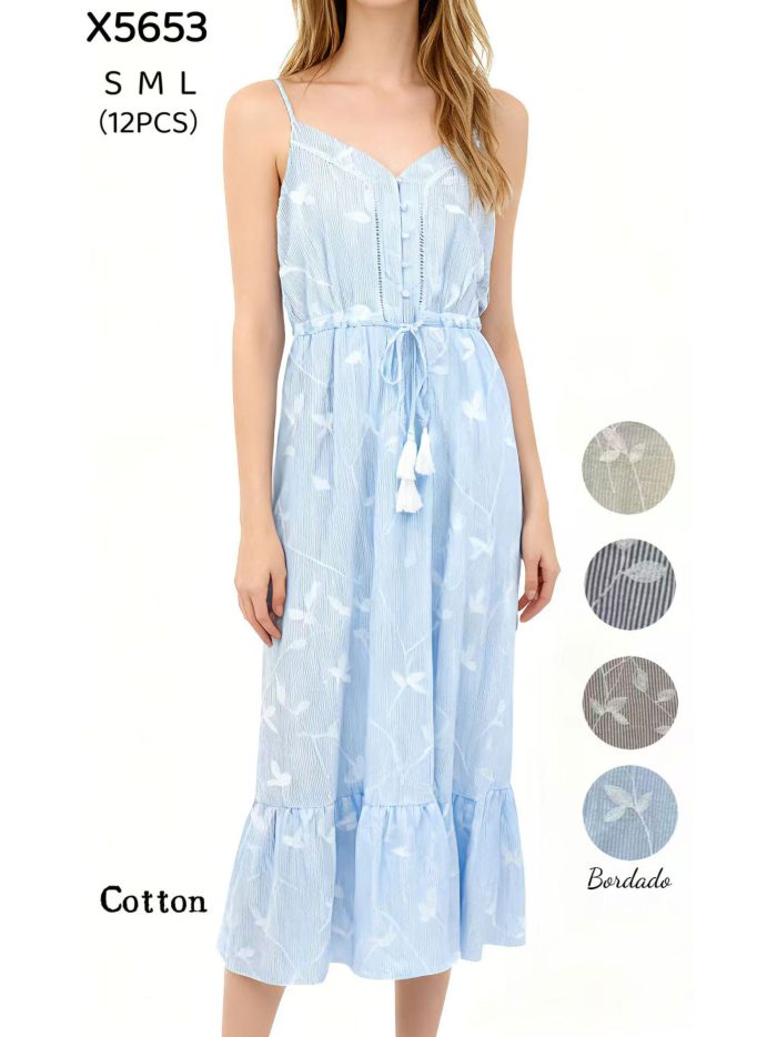 Vestido midi tirantes bordado hojas borlas