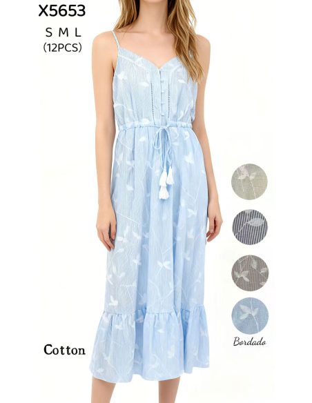 Vestido midi tirantes bordado hojas borlas