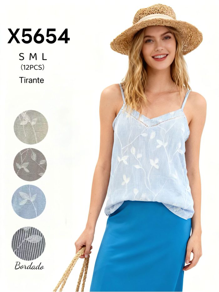 Top tirantes bordado hojas escote pico