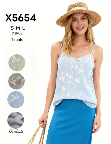 Top tirantes bordado hojas escote pico