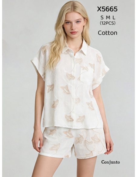 Completo in cotone ricamato, camicia + pantaloncini