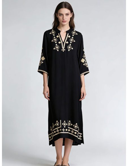 Vestido kaftán lino bordado geométrico