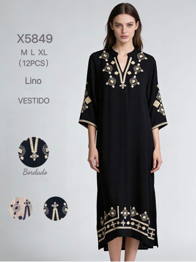 Vestido kaftán lino bordado geométrico 2