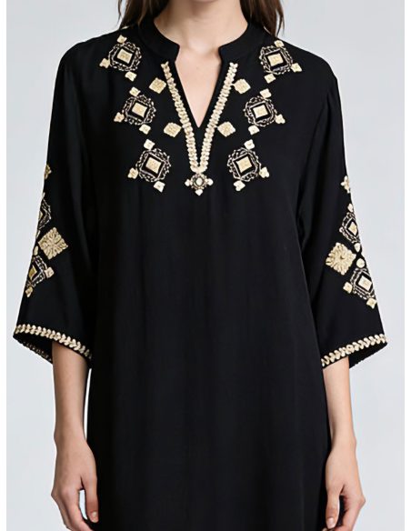 Vestido kaftán lino bordado geométrico