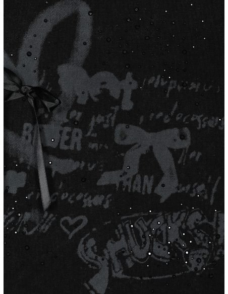 Faded-effect heart t-shirt with bows and rhinestone