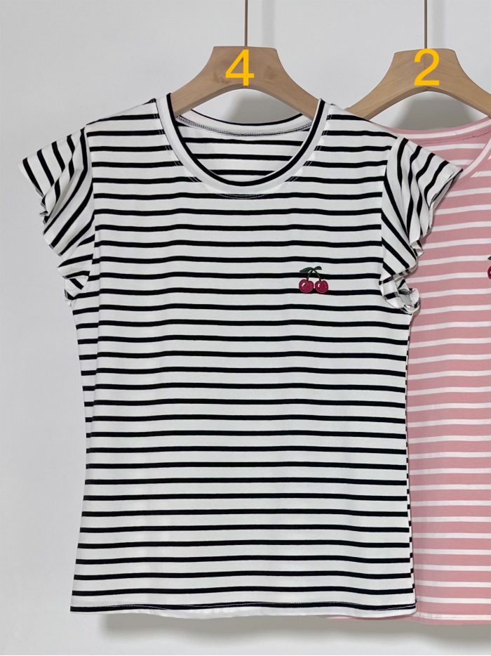 Camiseta rayas cerezas manga volantes